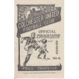 COLCHESTER UNITED V SWINDON TOWN 1946 Programme for the Colchester 1st team at home to Swindon