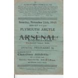 PLYMOUTH - ARSENAL 45 Plymouth home programme v Arsenal, 24/11/45, slight folds, no writing.