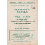 PLYMOUTH - WEST HAM 52 Plymouth home programme v West Ham, 27/9/52, slight fold, score noted.