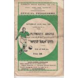 PLYMOUTH - WEST HAM 1939-40 Very scarce Plymouth Argyle home programme , v West Ham, 26/8/1939,