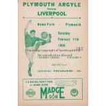 PLYMOUTH - LIVERPOOL 56 Plymouth home programme v Liverpool, 11/2/56, slight fold. Generally good