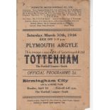 PLYMOUTH - TOTTENHAM 46 Plymouth home programme v Tottenham, 30/3/46, name on back cover, worn along