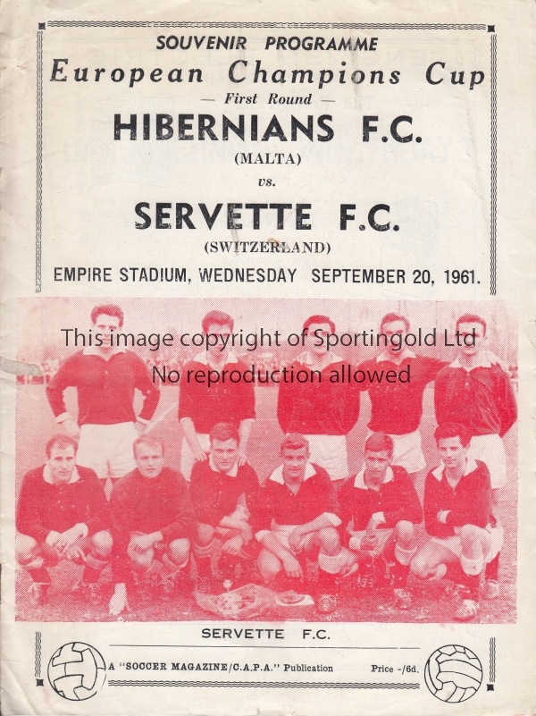 HIBS (MALTA) - SERVETTE 1961 Historic programme, Hibernians (Malta) v Servette, 20/9/61 and the