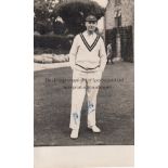 JACK HOBBS Real photograph postcard sized of Jack Hobbs in whites and signed J.B.Hobbs. Good