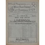 WEST HAM - LIVERPOOL 1928 West Ham home programme v Liverpool, 6/10/1928, Slight fold. Generally