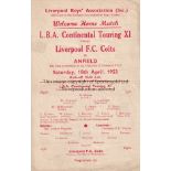 LIVERPOOL 53 Single sheet programme, Liverpool Boys Association Continental Touring XI v Liverpool