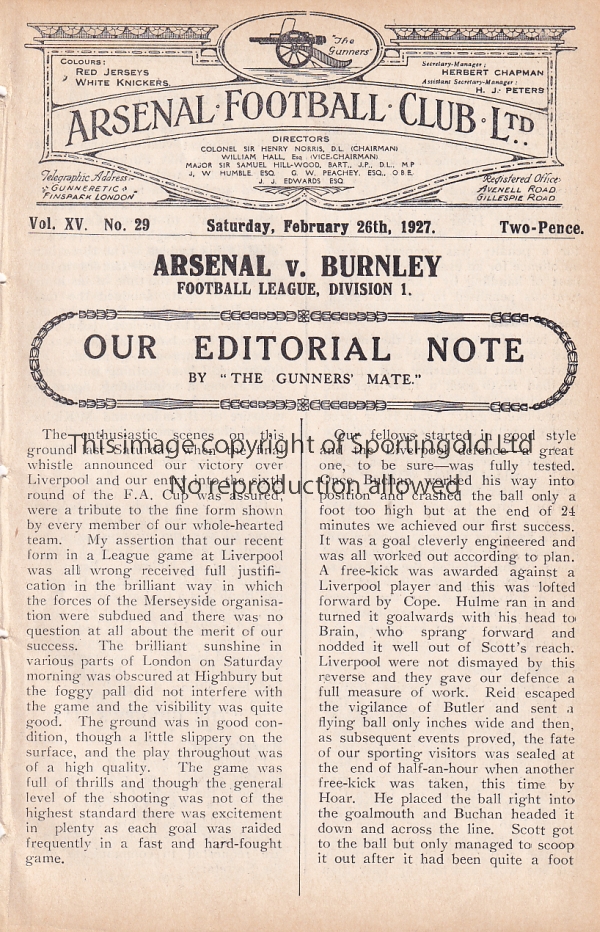 ARSENAL - BURNLEY 1927 Arsenal home programme v Burnley, 26/2/1927 , no covers but otherwise good.