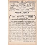 ARSENAL - BURNLEY 1927 Arsenal home programme v Burnley, 26/2/1927 , no covers but otherwise good.