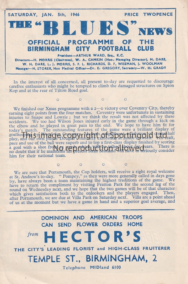 BIRMINGHAM - PORTSMOUTH CUP Birmingham home programme v Portsmouth, 5/1/46, FA Cup. Slight fold.