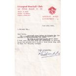 BILL SHANKLY AUTOGRAPH / LIVERPOOL An official letter on headed paper, dated 30/6/1967, hand