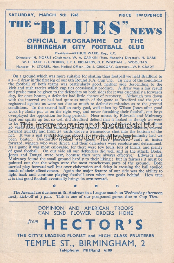 BIRMINGHAM - BRADFORD PA CUP Birmingham home programme v Bradford Park Avenue, 9/3/46, Cup. Good