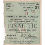 FA CUP FINAL TICKET Ticket FA Cup Final Man Utd v Blackpool 24th April 1948. Minor paper loss on