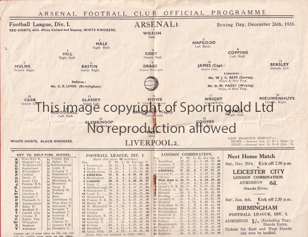 ARSENAL - LIVERPOOL 1935 Arsenal home programme v Liverpool, 26/12/1935, fold, slight creasing,