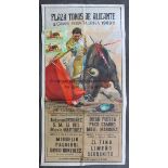 BULLFIGHTING Large poster 40" X 21" advertising bullfighting in Alicante in 1969 plus 2 tickets