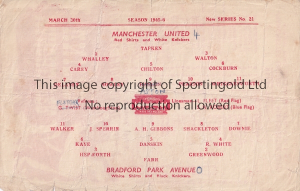 MAN UTD - BRADFORD PA 45-6 Manchester United single sheet home programme v Bradford Park Avenue,