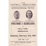 ENGLAND - SCOTLAND 1945 Programme, England v Scotland, 3/2/45 at Villa Park, slight fold, no