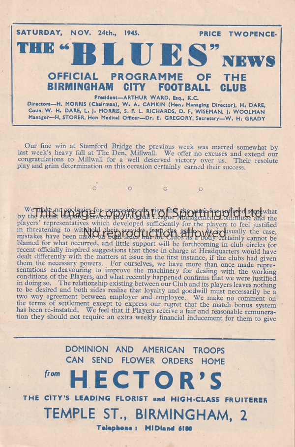 BIRMINGHAM - MILLWALL 45 Birmingham home programme v Millwall 24/11/45. Slight fold. Good