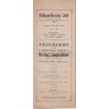 BOXING Programme for 16/11/1911 at Fulham Boxing Club, very slightly worn. Generally good