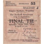 1926 CUP FINAL Match ticket 1926 Cup Final, West Standing Enclosure, slight tears to edge with