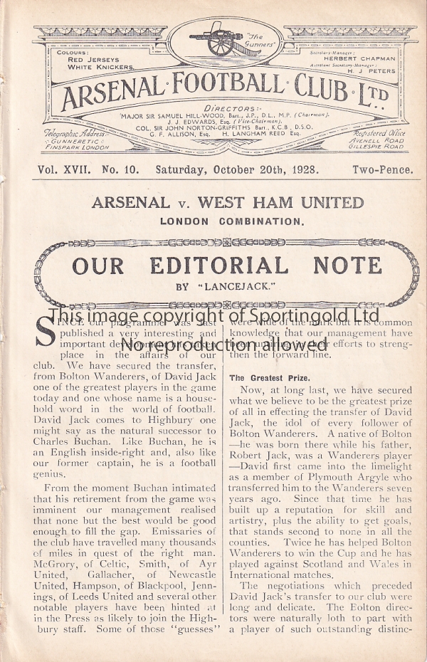 ARSENAL RES - WEST HAM 1928 Arsenal home programme , Reserves v West Ham Res, 20/10/1928,