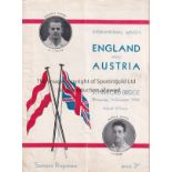 ENGLAND - AUSTRIA 1932 England home programme v Austria, 7/12/1932, fold, very slight marks, no