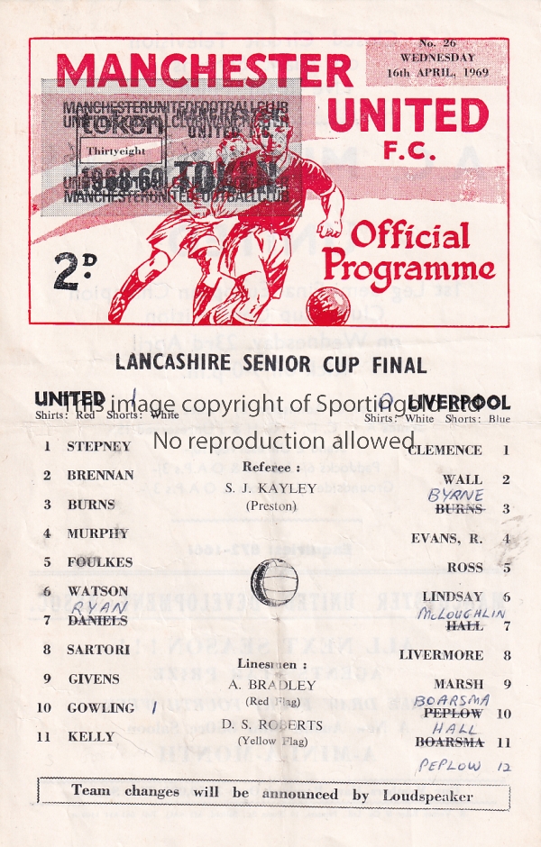 MAN UNITED / LIVERPOOL Single sheet programme Manchester United v Liverpool Lancashire Senior Cup