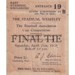 1928 CUP FINAL Match ticket, 1928 Cup Final, standing ticket, slight creases. Fair-generally good