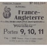 FRANCE / ENGLAND Ticket France v England in Paris 22nd May 1949. Very light horizontal fold.
