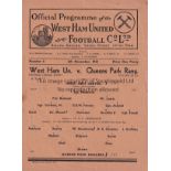 WEST HAM - QPR 43 Single sheet West Ham home programme v QPR, 6/11/43, score, scorers noted, fold.