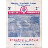 ENGLAND V WALES RUGBY 1937 Programme for the match at Twickenham 1937, vertical creases. Generally
