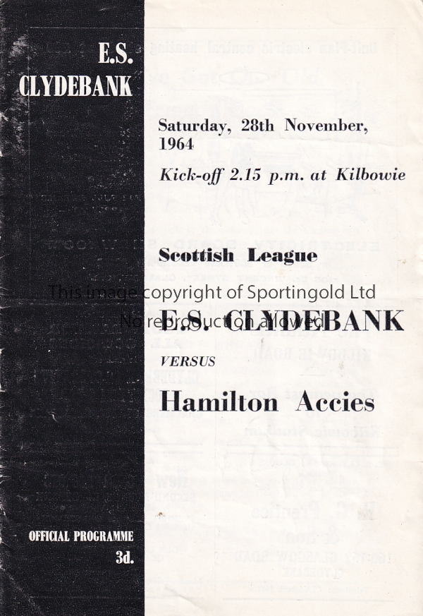 E.S.CLYDEBANK E.S Clydebank home programme from their only season, v Hamilton Accies, 28/11/64, very