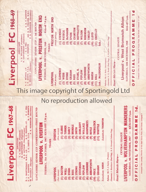 LIVERPOOL Two Liverpool single sheet programmes, both home programmes, Lancashire Senior Cup, v