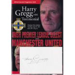HARRY GREGG Autographed Harry Gregg index card, together with his testimonial programme on the