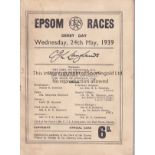 THE DERBY Racecard for the Epsom Derby May 24th 1939 won by Blue Peter. Usual results marked in