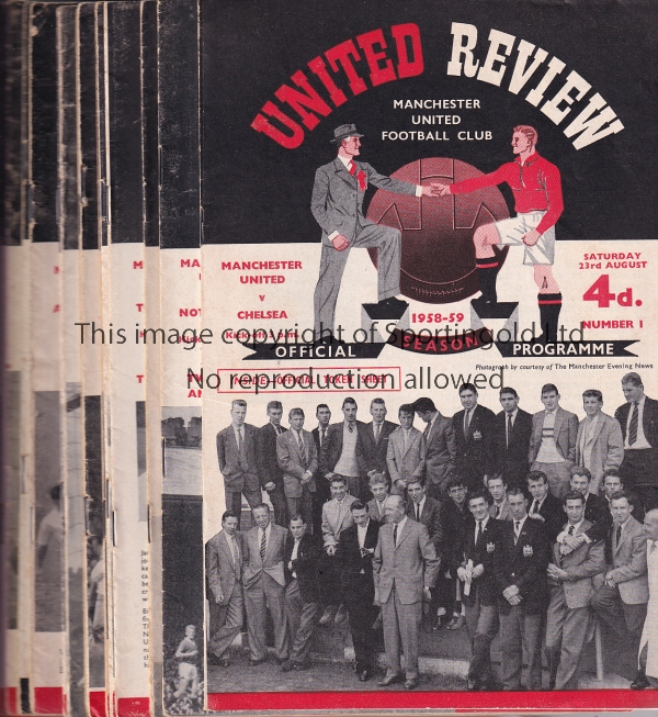 MANCHESTER UNITED Set of 21 home League programmes for season 1958/9 all with tokens. Some are