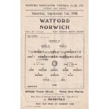 WATFORD - NORWICH 45 Single sheet Watford home programme v Norwich, 1/9/45, slight tear along