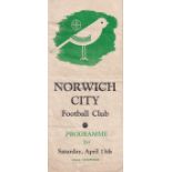 NORWICH - WALSALL 46 Norwich gatefold programme v Walsall, 13/4/46, fold, slight creasing. Fair-