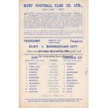 BURY - BIRMINGHAM 63 Single sheet very scarce Bury programme issued for the League Cup Semi-Final