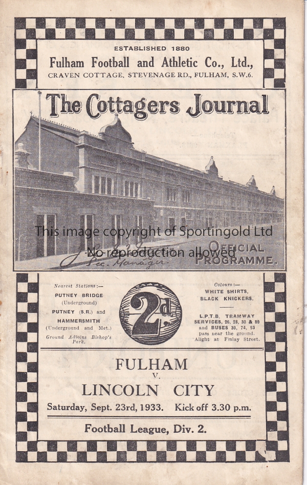FULHAM V LINCOLN CITY 1933 Programme for the League match at Fulham 23/9/1933, slightly rusty