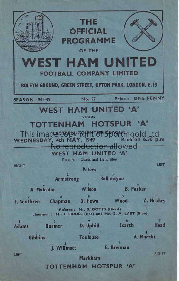 WEST HAM "A" - TOTTENHAM "A" 49 West Ham United home single sheet programme , "A" team v
