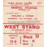 ENGLAND / SWEDEN / ARSENAL Ticket England v Sweden at Highbury 19/11/1947. Good