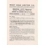 WEST HAM UNITED Programmes for the Reserves home Combination match v. Bristol City 19/12/1959. Geoff