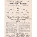 ARSENAL 1931 Arsenal single sheet Practice Match programme, Reds v Whites, 15/8/1931, slight tear