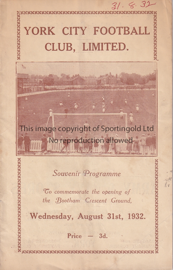 YORK/STOCKPORT Programme York City v Stockport County 31/8/1932. Opening of Bootham Crescent. Date