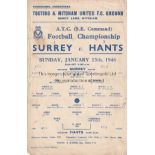 WARTIME Single sheet Tooting & Mitcham programme, A.T.C. Football Championship, Surrey v Hants at