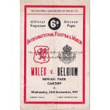 WALES V BELGIUM 1949 Programme for the International at Cardiff City 23/11/1949, vertical crease and