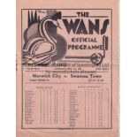 SWANSEA - NORWICH 1935 Swansea home programme v Norwich, 7/9/1935, Division 2, fold, score noted,