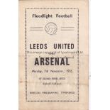 LEEDS UNITED V ARSENAL 1955 Programme for the Friendly at Leeds 7/11/1955, horizontal folds. Fair to