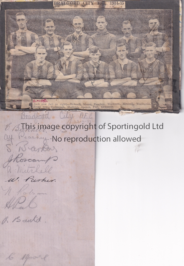 BRADFORD CITY 1933 Album sheet of Bradford City autographs 1933, ten signatures including