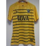 BOCA JUNIORS SHIRT A medium size yellow with black hoops short sleeve shirt with embroidered badge